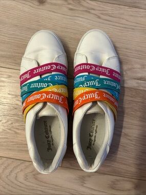 Juicy Couture White Slip-On Sneakers with Rainbow Logo Straps